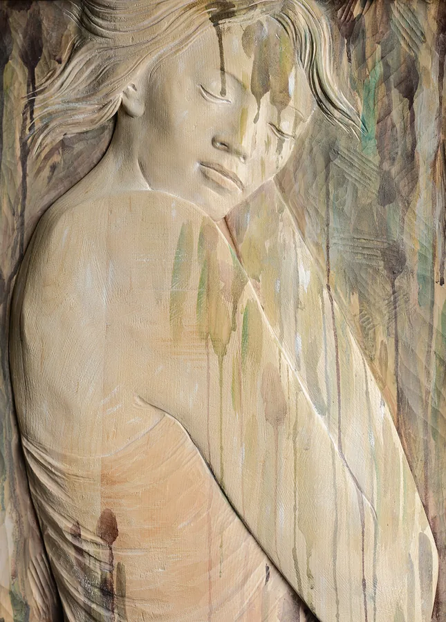 Detail Frauenkopf Relief — Holz, gefasst