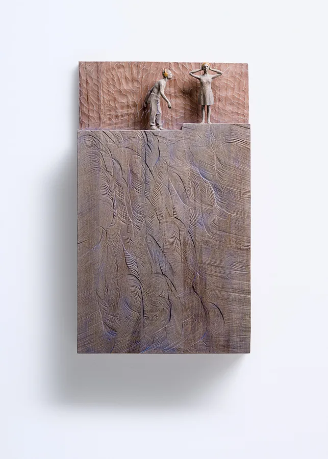 Relief mit zwei Figuren — Relief, Holz, gefasst mit Blattgold
