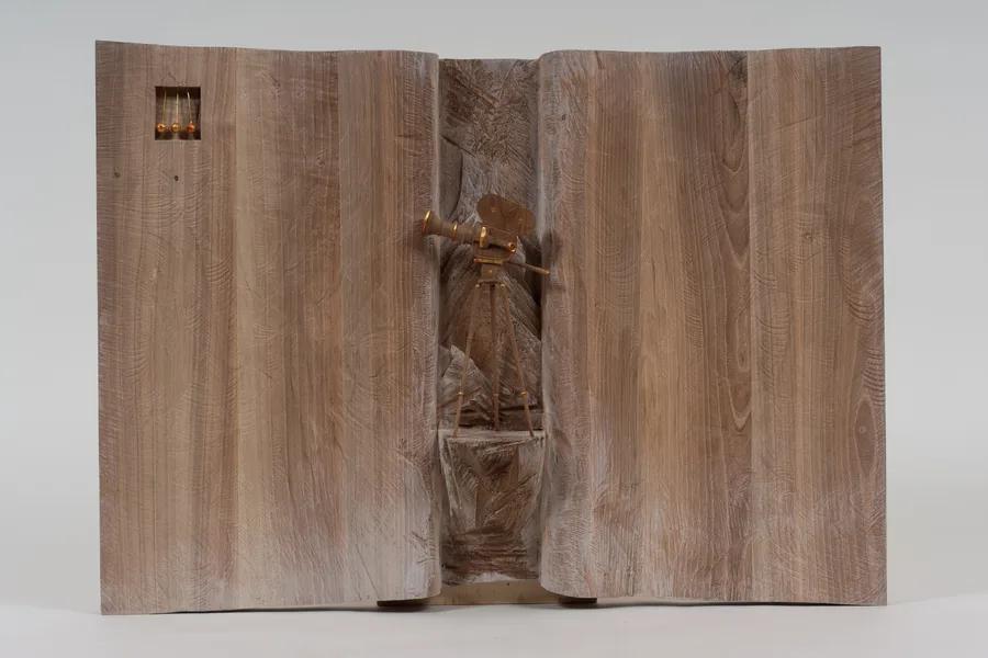 Buchrelief mit Filmkamera — Relief, Holz